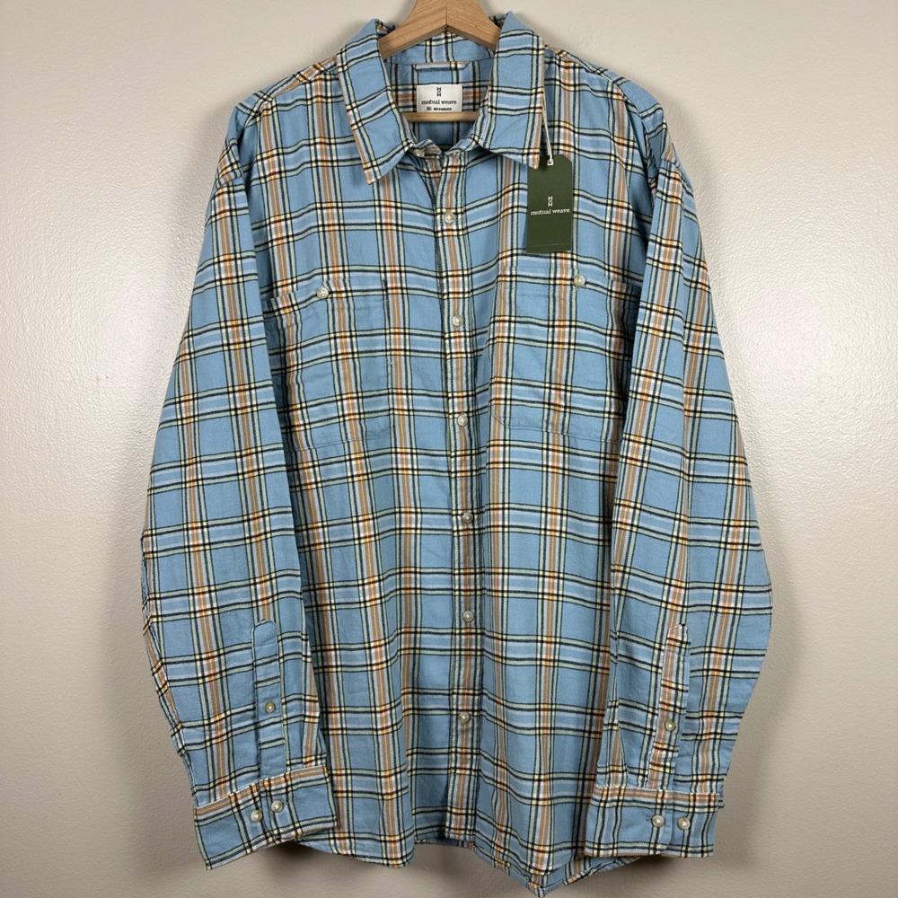 Mutual Weave Men's XXL Button Down Shirt Light Blue Plaid Long Sleeve Cotton NWT